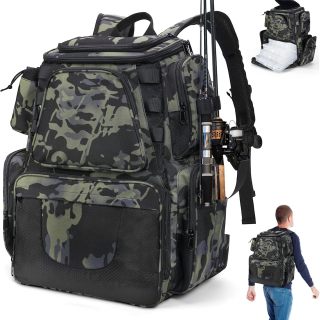 38L Fishing Tackle Backpack with 2 Rod Holder Waterproof Large Storage Outdoor Tackle Bag Fishing Rucksack Bag for 4 Trays,