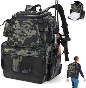 38L Fishing Tackle Backpack with 2 Rod Holder Waterproof Large Storage Outdoor Tackle Bag Fishing Rucksack Bag for 4 Trays,