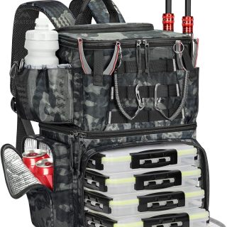 Fishing Backpack with 4 Tackle Boxes & Rod Holder, Tackle Backpack with Safety Compass & Insulated Compartment,