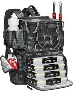 Fishing Backpack with 4 Tackle Boxes & Rod Holder, Tackle Backpack with Safety Compass & Insulated Compartment,
