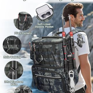 Fishing Backpack with 4 Tackle Boxes & Rod Holder, Tackle Backpack with Safety Compass & Insulated Compartment,