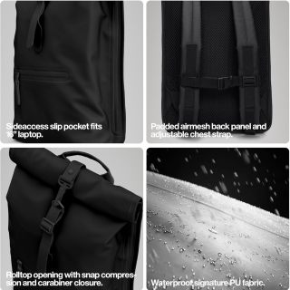 Rolltop Rucksack -Backpack - Waterproof Backpack for Women and Men - Rucksack for Travel and Work (Black)