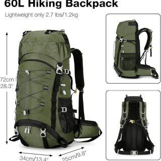 Mochila de senderismo de 60 l para hombre, impermeable, grande, para acampar, ligera y con funda para lluvia.