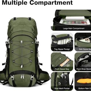Mochila de senderismo de 60 l para hombre, impermeable, grande, para acampar, ligera y con funda para lluvia.