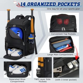 حقيبة ظهر بيسبول مع حجرة للأحذية، حقيبة بيسبول للشباب والبالغين، حقيبة مضرب سوفتبول مع خطاف سياج، حامل خوذة، حقيبة ظهر رياضية