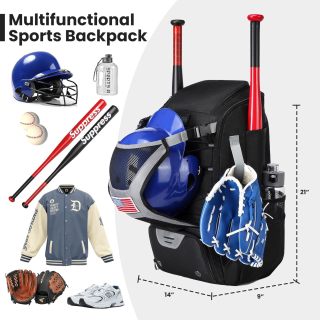 Baseball Bag with Fence Hook for TBall Bat & Equipment,Lightweight Baseball Bat Backpack with Shoe Compartment,Large Main Compartment for Helmet