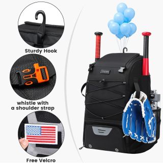 Baseball Bag with Fence Hook for TBall Bat & Equipment,Lightweight Baseball Bat Backpack with Shoe Compartment,Large Main Compartment for Helmet
