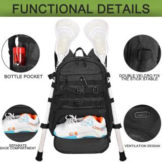 حقيبة ظهر للمعدات مع حاملين للعصي وحجرة منفصلة للأحذية الرياضية وحقيبة هوكي الحقل