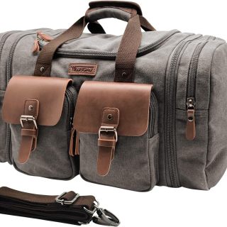 50L Travel Duffel Bag, Expandable Canvas Genuine Leather Duffle Bag Upgraded Overnight Weekender Carry on Bag