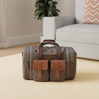 50L Travel Duffel Bag, Expandable Canvas Genuine Leather Duffle Bag Upgraded Overnight Weekender Carry on Bag