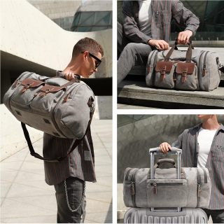 50L Travel Duffel Bag, Expandable Canvas Genuine Leather Duffle Bag Upgraded Overnight Weekender Carry on Bag
