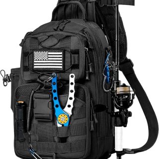 Fishing Backpack Tackle Sling Bag, Tactical Fishing Tackle Backpack with Rod & Gear Holder, Outdoor Fishing Pack Shoulder Bag