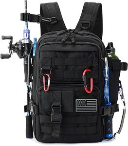 1000D Small Fishing Backpack with Flag - Compact Water-Resist Bag with Rod Holder - Storage Tackle Box,