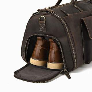Custom Logo Full Grain Leather Retro Duffle Bag Genuine Leather Travel Bag With Shoes Compartment