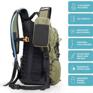 22L Hydration Backpack for Hiking with Waterproof Zipper and Phone Pole Holders Internal Frame Water Bladder Included