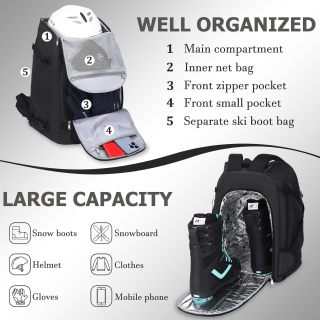 Ski Boot Bag, 50L Waterproof Travel Backpack for Snowboard, Ski Helmet, Goggles, Gloves & Accessories