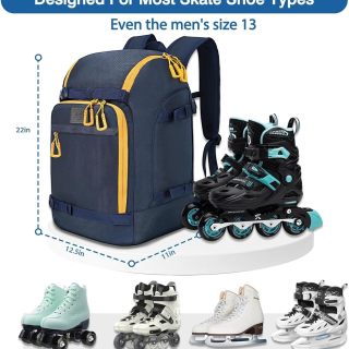 Ice Skate Bag Backpack with Top Helmet Pocket for Roller Blade Fits Shoes Up To Us Mens 13 for Inline, Figure, Quad, Speed, Hockey Skating