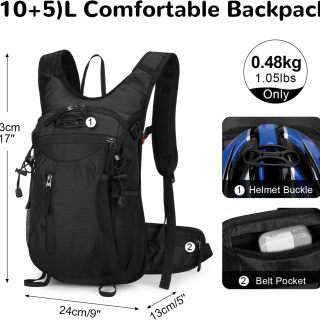 15L Small Waterproof Hiking Backpack with Chest Strap for Men, Bike Cycling Backpack for Helmet, Black