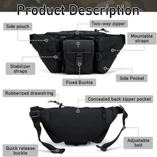 Tactical Fanny Pack, Military Waist Bag Utility Hip Pack with Adjustable Strap for Outdoors Fishing Cycling Camping Dog Walking (Black)