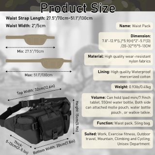 Tactical Fanny Pack, Military Waist Bag Utility Hip Pack with Adjustable Strap for Outdoors Fishing Cycling Camping Dog Walking (Black)