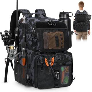 45L Fishing Backpack with Rod Holders & Rain Cover Large Water Resistant Fishing Tackle bag Store Fishing Gear