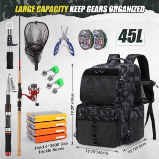 45L Fishing Backpack with Rod Holders & Rain Cover Large Water Resistant Fishing Tackle bag Store Fishing Gear