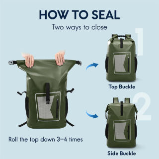 حقيبة ظهر عائمة مقاومة للماء، قابلة للطي، متينة، وجافة، مزودة بجيب أمامي شفاف بسحاب، مناسبة للتجديف وركوب الأمواج والتجديف النهري وصيد الأسماك.