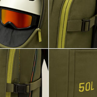 Водонепроницаемый нейлоновый горнолыжный рюкзак оливково-зеленого цвета для ботинок, шлема и снаряжения с регулируемыми лямками.