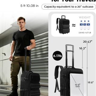 Backpack for Men and Women, Roller Carry on Luggage for Work Travel, Overnight Molle Outdoor Hiking Bag with Wheels, Black