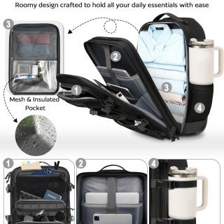 Backpack for Men and Women, Roller Carry on Luggage for Work Travel, Overnight Molle Outdoor Hiking Bag with Wheels, Black