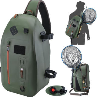 Waterproof Fly Fishing Sling Pack IPX8 840D TPU Fishing Sling Bag 13L Tackle Backpack with Rod Holder Airtight Zipper