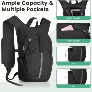 Kleiner Wanderrucksack 10L - Leichter, faltbarer Rucksack für Reisen, Camping, Outdoor-Aktivitäten, Pendeln, Kompakter Rucksack für Damen und Herren (Schwarz)